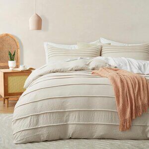 Beige Duvet Cover Queen Size - Pleated Queen Duvet Cover, 3PCS Soft and Breathab